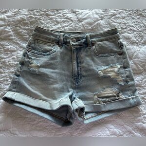American Eagle Light Blue Denim Distressed Mom Shorts Cuffed Hem